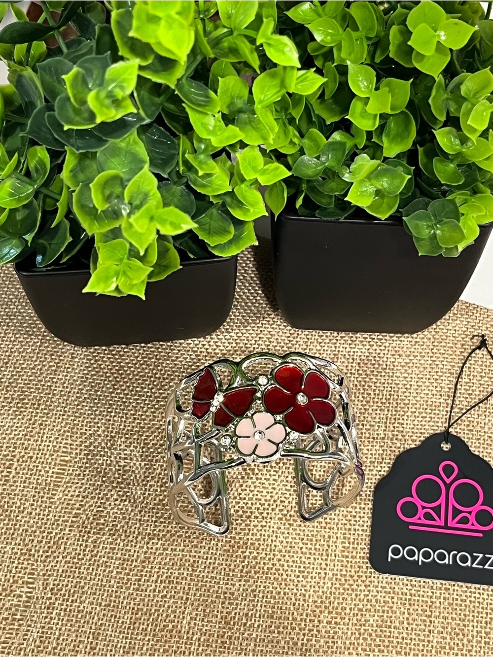 Paparazzi Silver Floral Enamel Cutout Cuff Bracelet - Red & Pink
